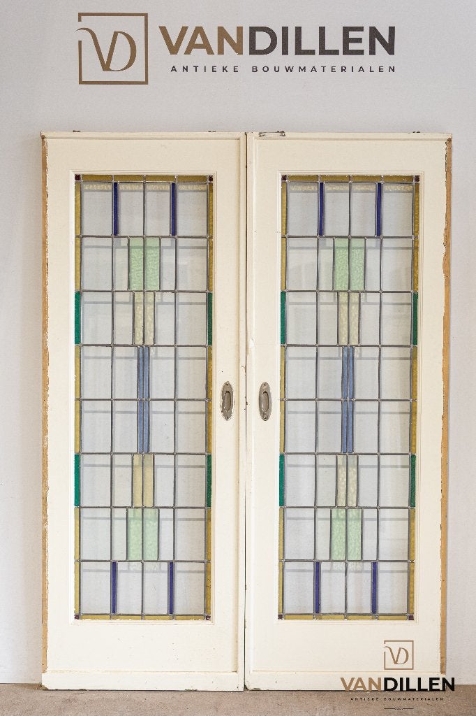 Antieke ensuite schuifdeuren glas in lood kleur 212 x 155