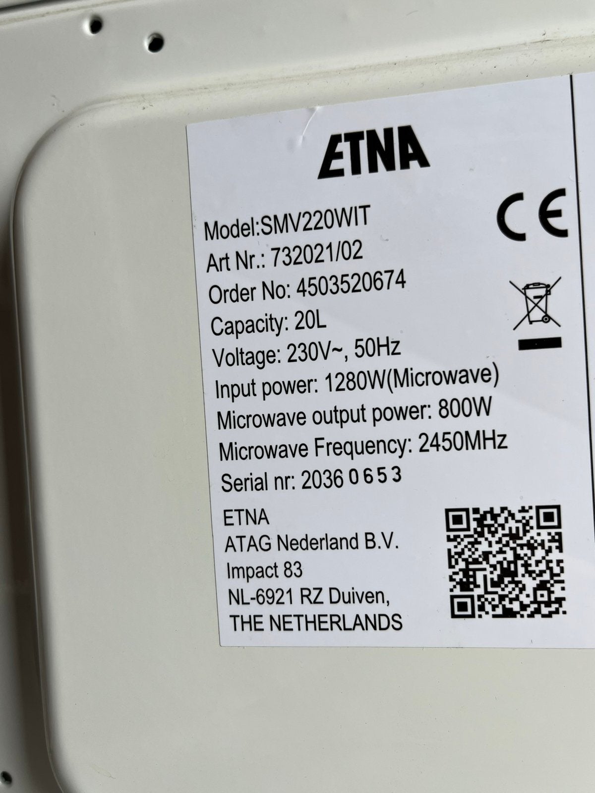 ETNA SMV220WIT Vrijstaande Magnetron 20L 800W, Gebruikt, Minder dan 45 cm, Ophalen of Verzenden, Magnetron