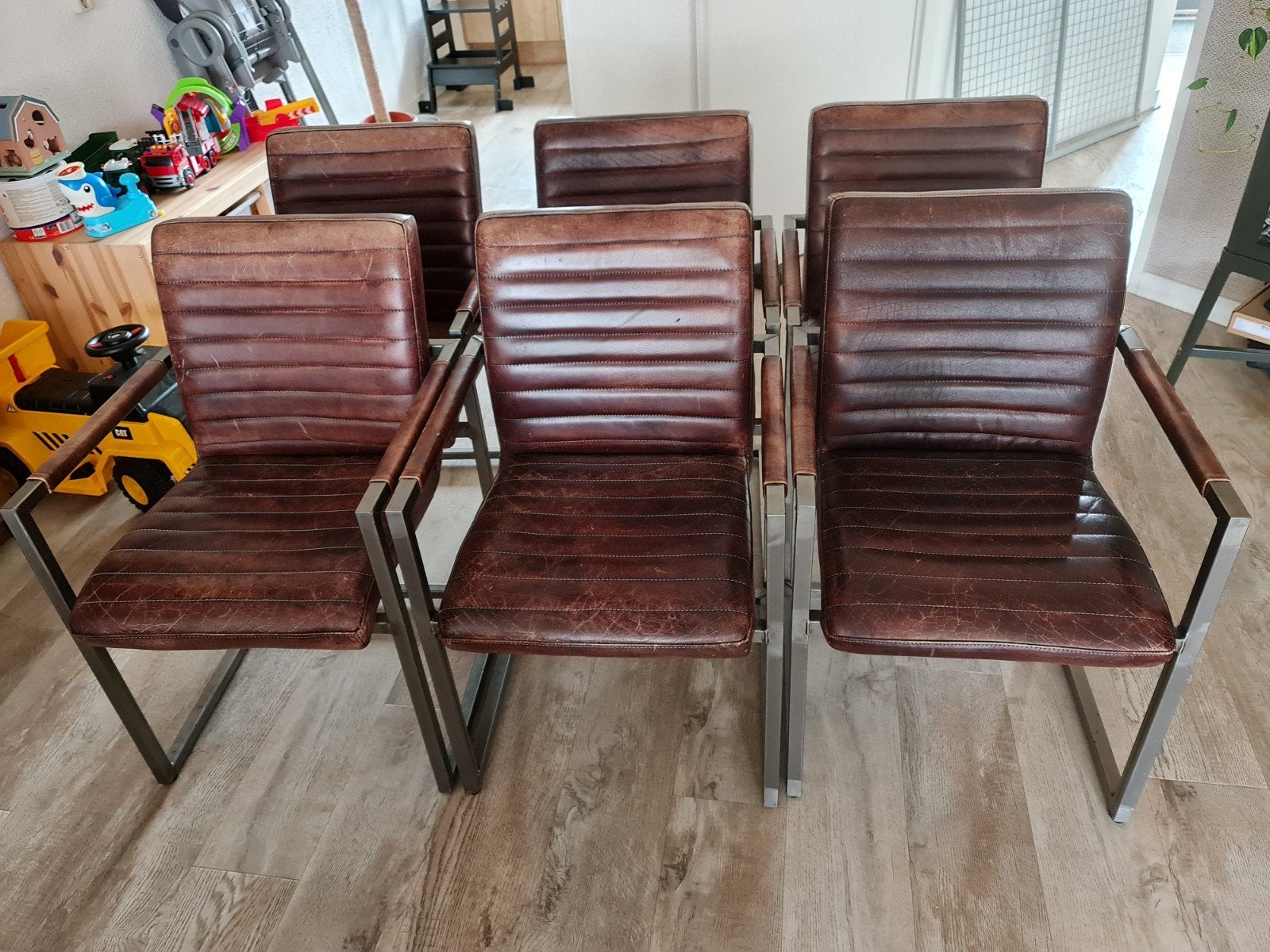 6 bruine lederen stoelen, Huis en Inrichting, Ophalen, Gebruikt, Bruin, Leer