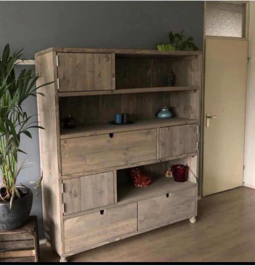 Houten kast met laden en open deuren, Huis en Inrichting, Kasten | Ladekasten, Ophalen, Gebruikt, 150 tot 200 cm, 3 of 4 laden