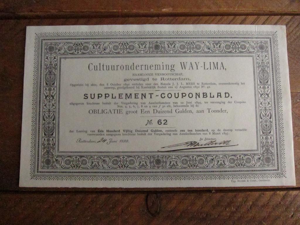 Decoratief supplement-couponblad obligatie Way-Lima, Ophalen of Verzenden, 1920 tot 1950, Overige typen