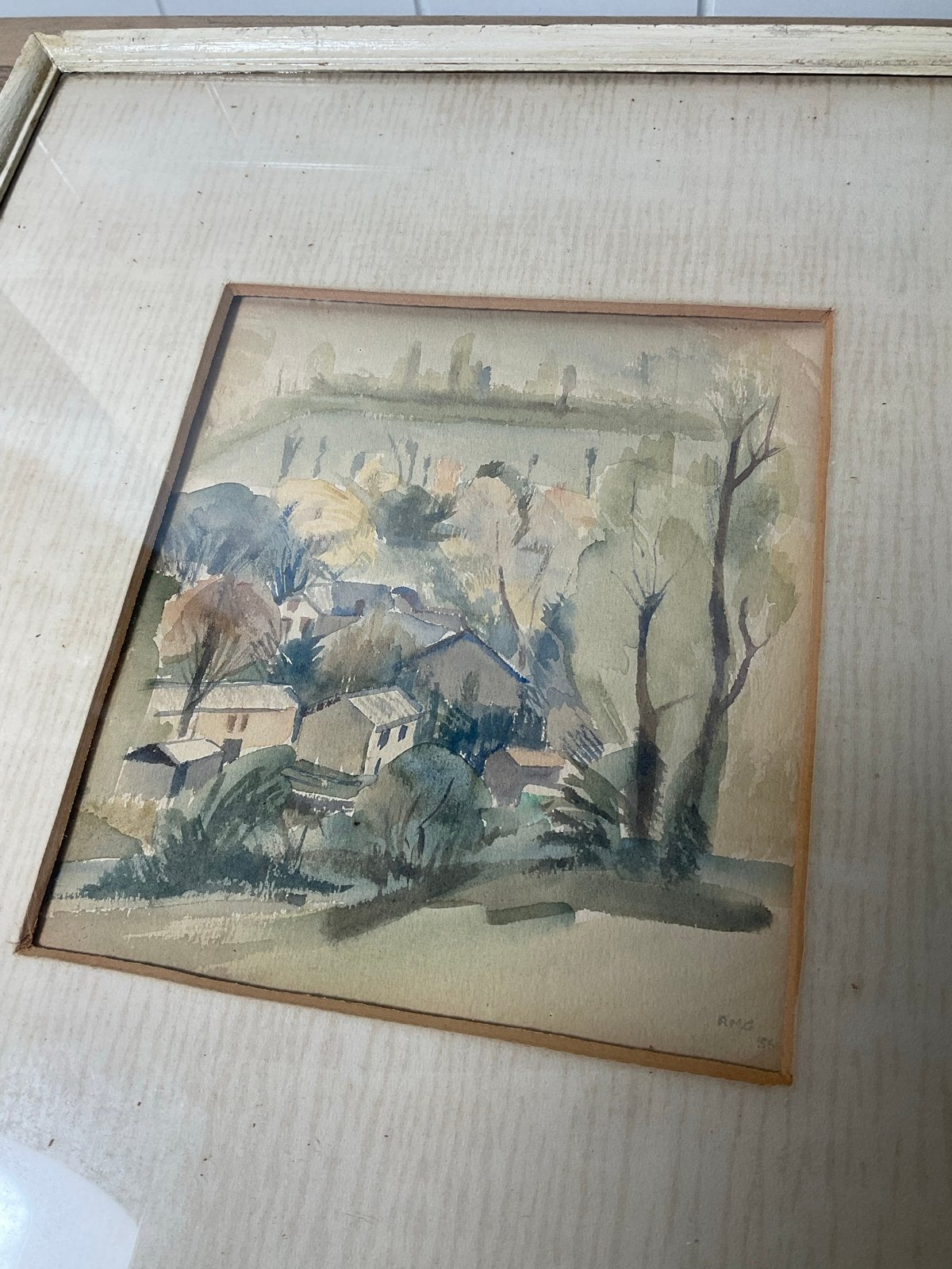 Vintage Aquarel Landschap met Huizen, gesigneerd RMG '56, Ophalen, Gedateerd, Papier, Klassiek