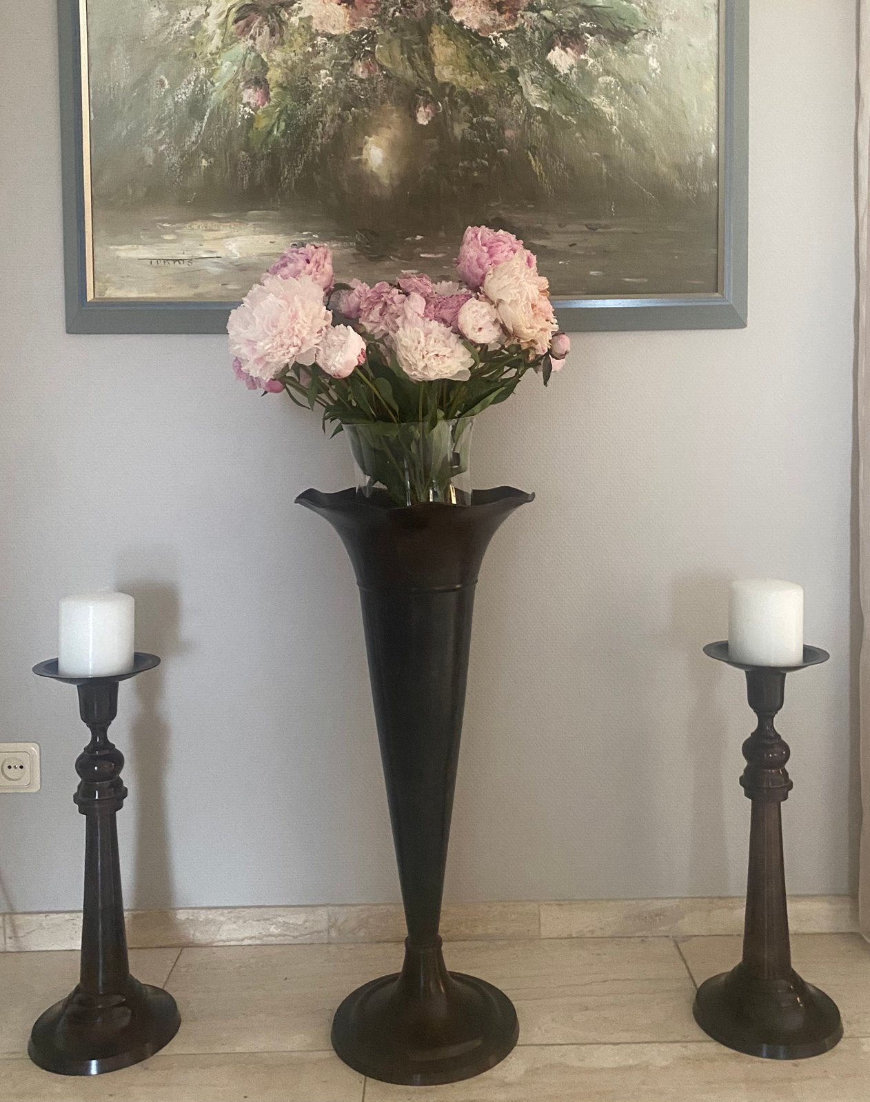 Messing vloervaas 75 cm met bijpassende kandelaars 53 cm, Ophalen of Verzenden, Overige materialen