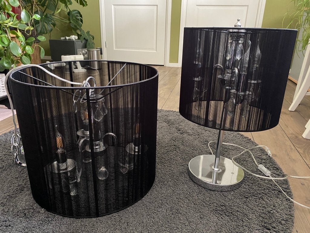 Klassieke kroonluchter + tafellamp zwart chroom stof diamant, Ophalen, Gebruikt, Glas, Klassiek