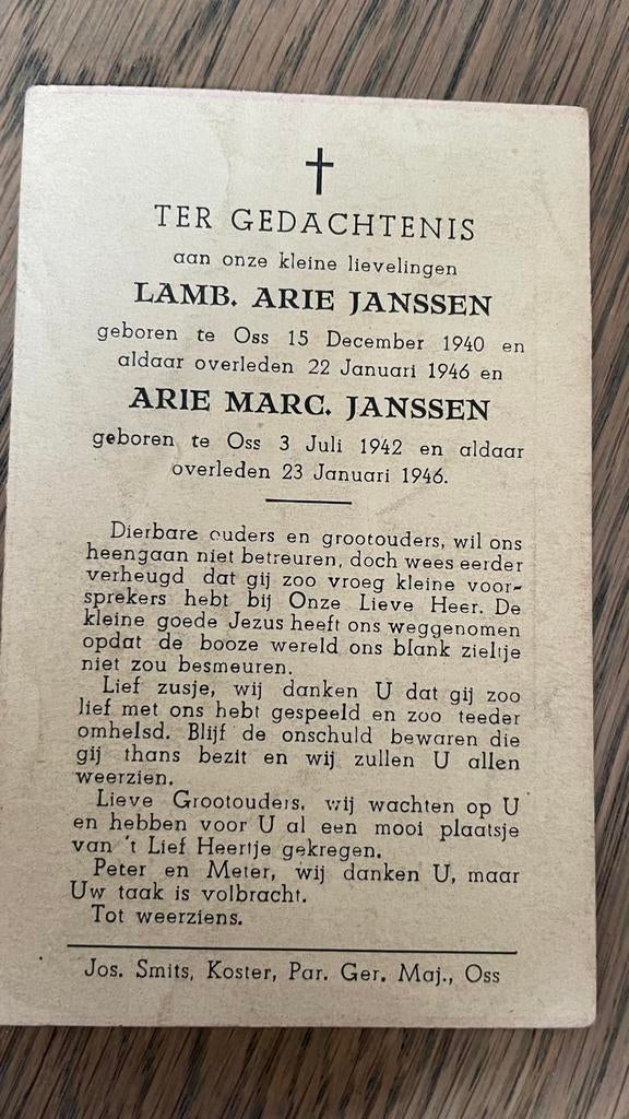 Lambert en Adrie Janssen Overleden 1946 Oss, Verzamelen, Bidprentjes en Rouwkaarten, Ophalen of Verzenden