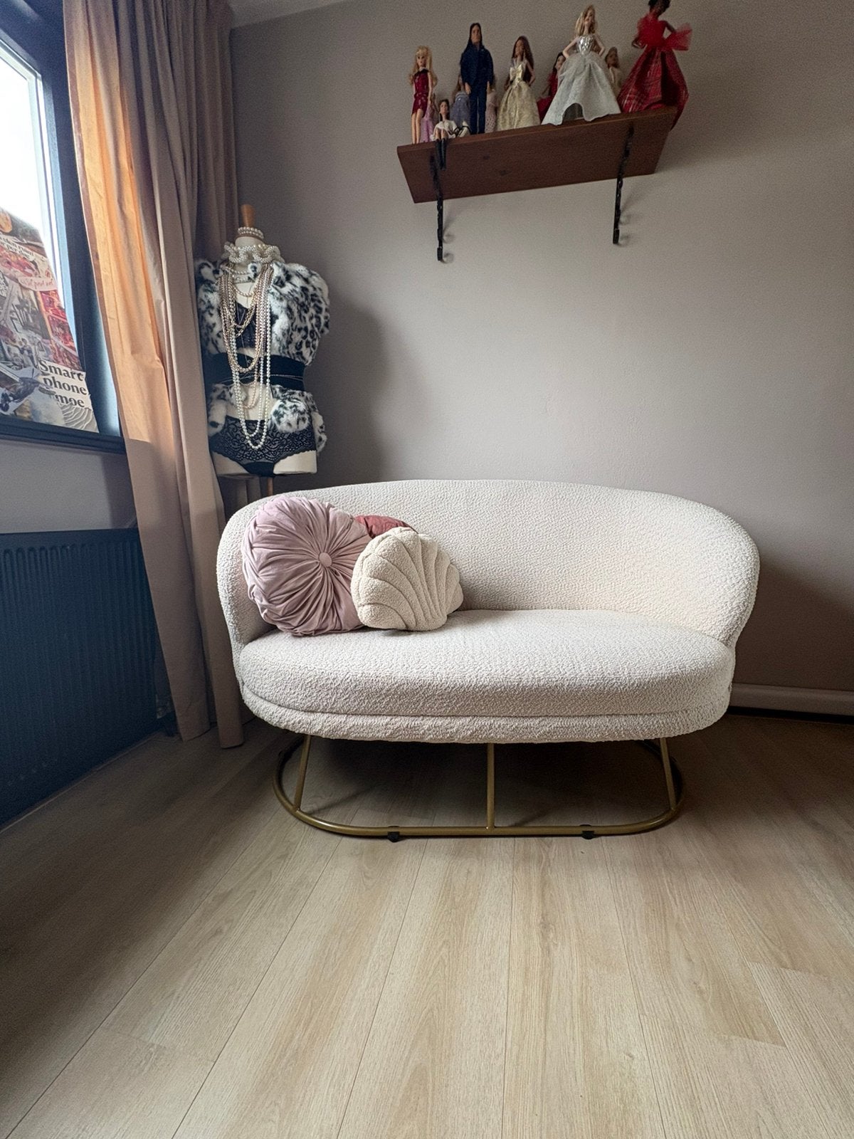 Coco maison bankje, teddy, boucle stof. Creme met goud, Ophalen, Tweepersoons, 75 tot 100 cm, Zo goed als nieuw