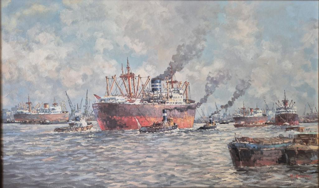 Schilderij havengezicht, gesigneerd M.J. Drulman, Antiek en Kunst, Ophalen