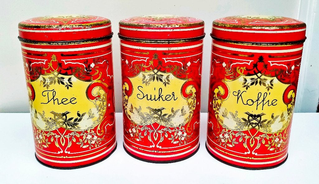 Set Antieke Blikken Bussen - Koffie Thee Suiker, Ophalen of Verzenden, Gebruikt, Koffie
