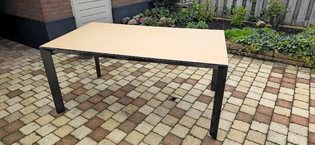 Gebruikte tuintafel met houtlook blad en metalen frame, Ophalen, Gebruikt, Rechthoekig