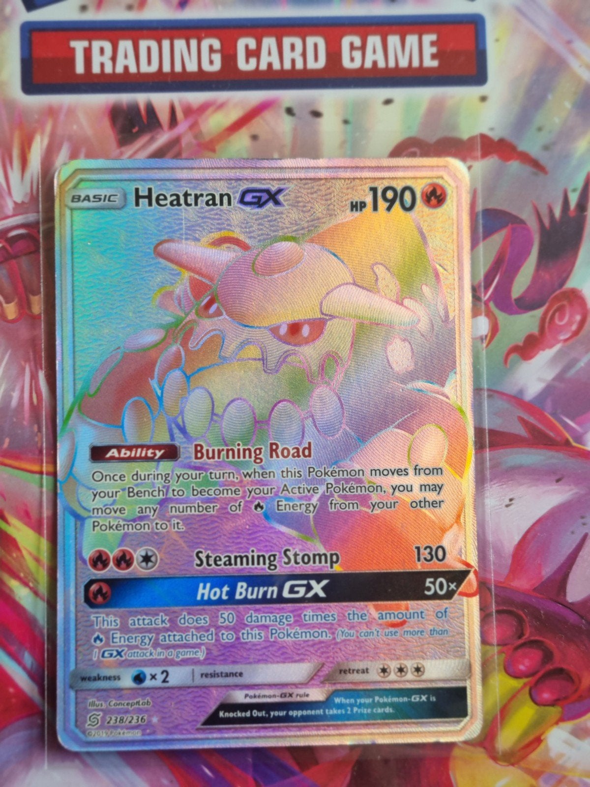 Heatran GX Pokémon kaart - Lichtelijk beschadigd, Ophalen of Verzenden, Gebruikt, Losse kaart, Foil