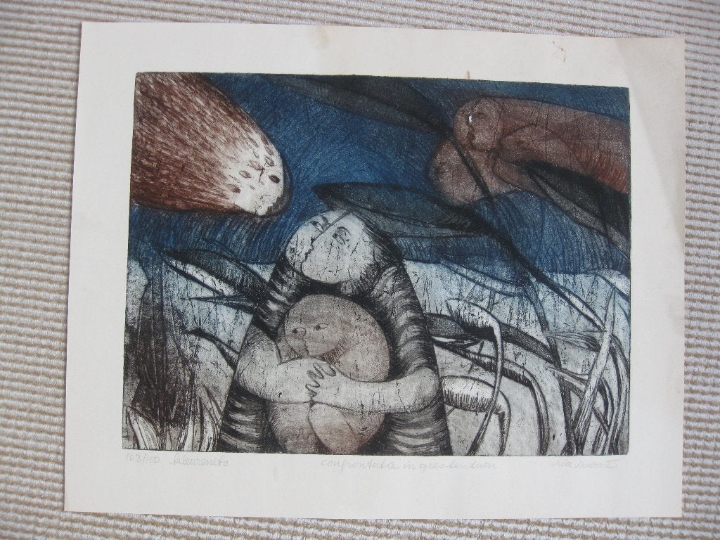 Ria Thurné. Kleurenets. 103/150. Confrontatie in geestentuin, Gesigneerd, Ophalen of Verzenden, Ets