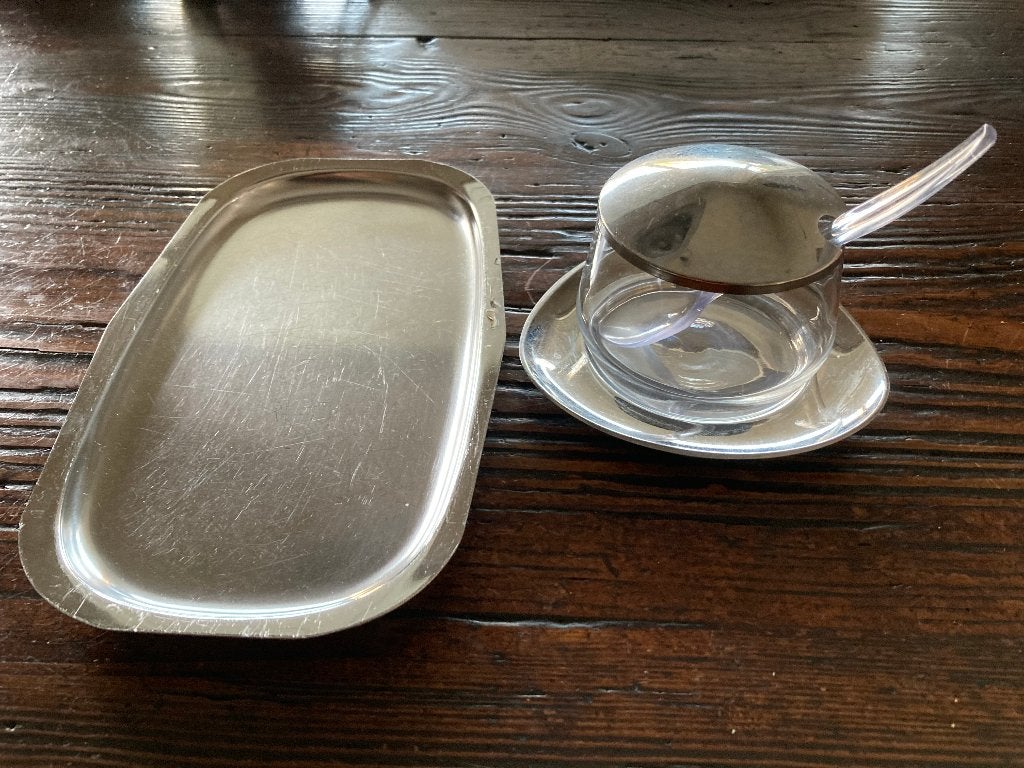 Suiker/hagelslag/jam potje met deksel en lepel, Kunststof, Ophalen of Verzenden, Overige stijlen, Schaal of Schalen