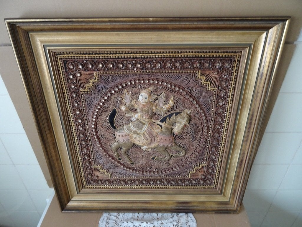 Vintage Kalaga wandtapijt Birma Birmees in luxe lijst 66x66, Ophalen of Verzenden
