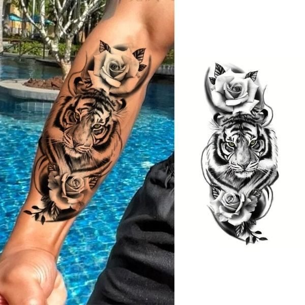 Bengaalse tijger met 2 rozen tattoo - neptattoo volwassenen, Eén persoon