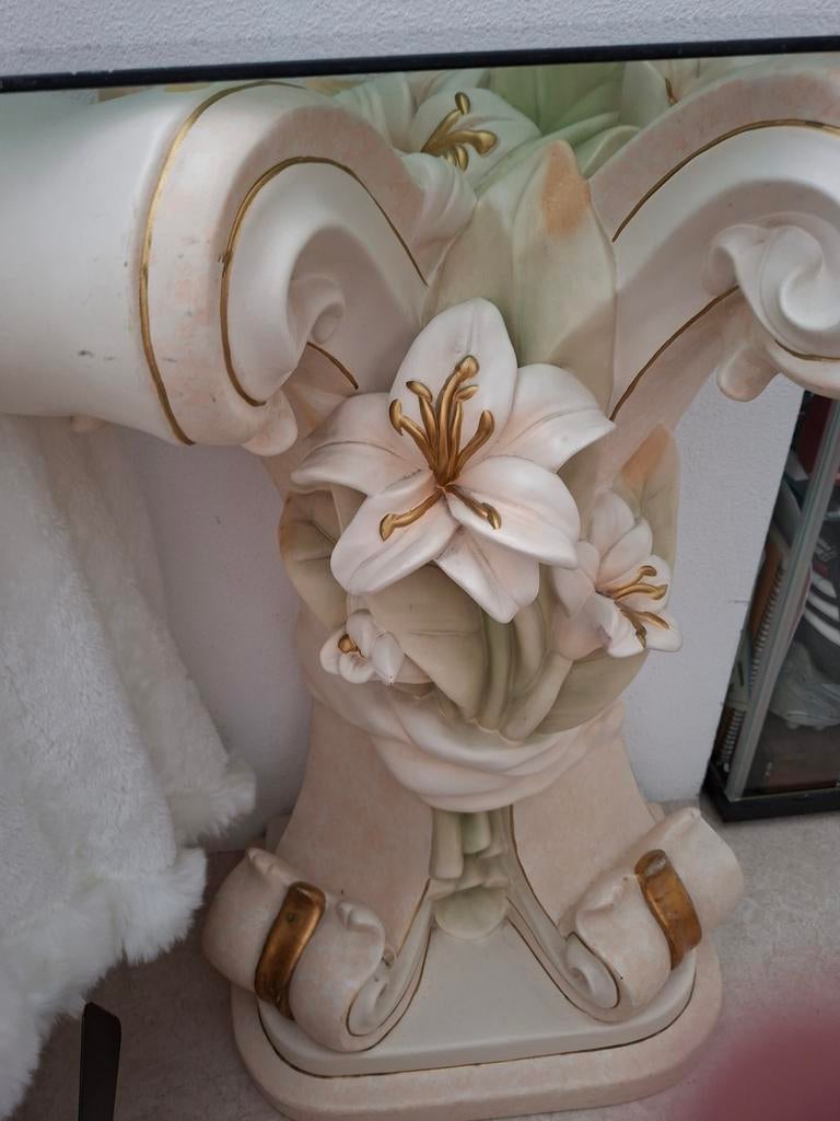 Decoratieve Console Tafel met Glazen Blad en Lelies, Ophalen of Verzenden