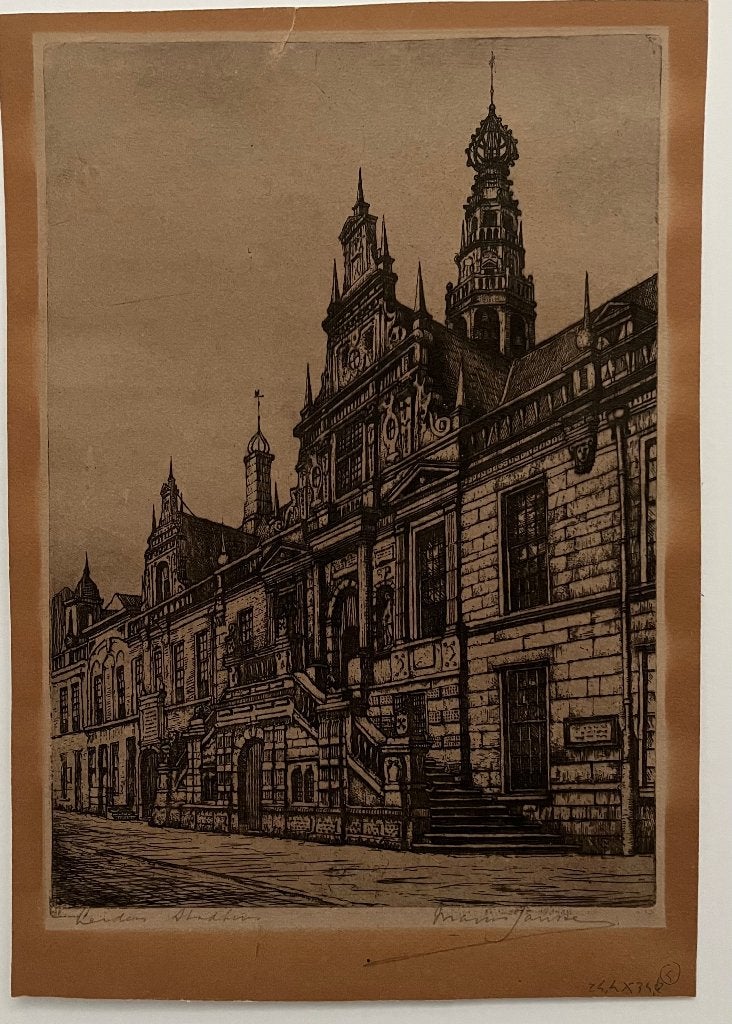 Ets Leiden Stadhuis, Stadsgezicht, Origineel, 27 cm, 1950 - 1999