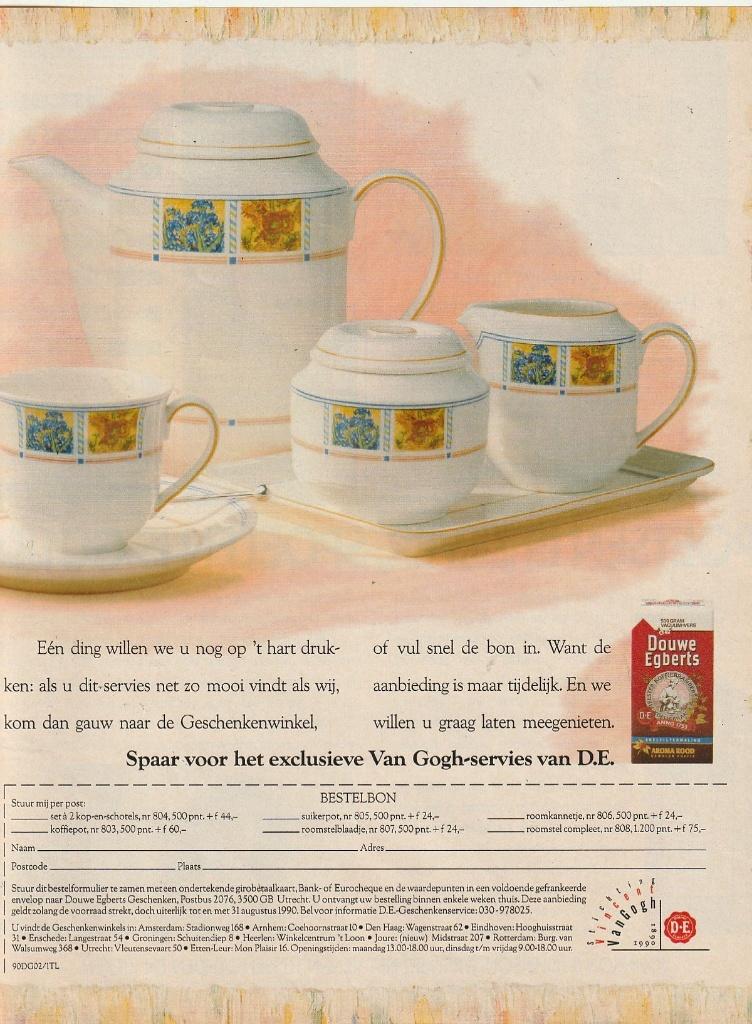 Retro reclame 1990 Douwe Egberts servies Vincent van Gogh, Verzamelen, Retro, Overige typen, Verzenden