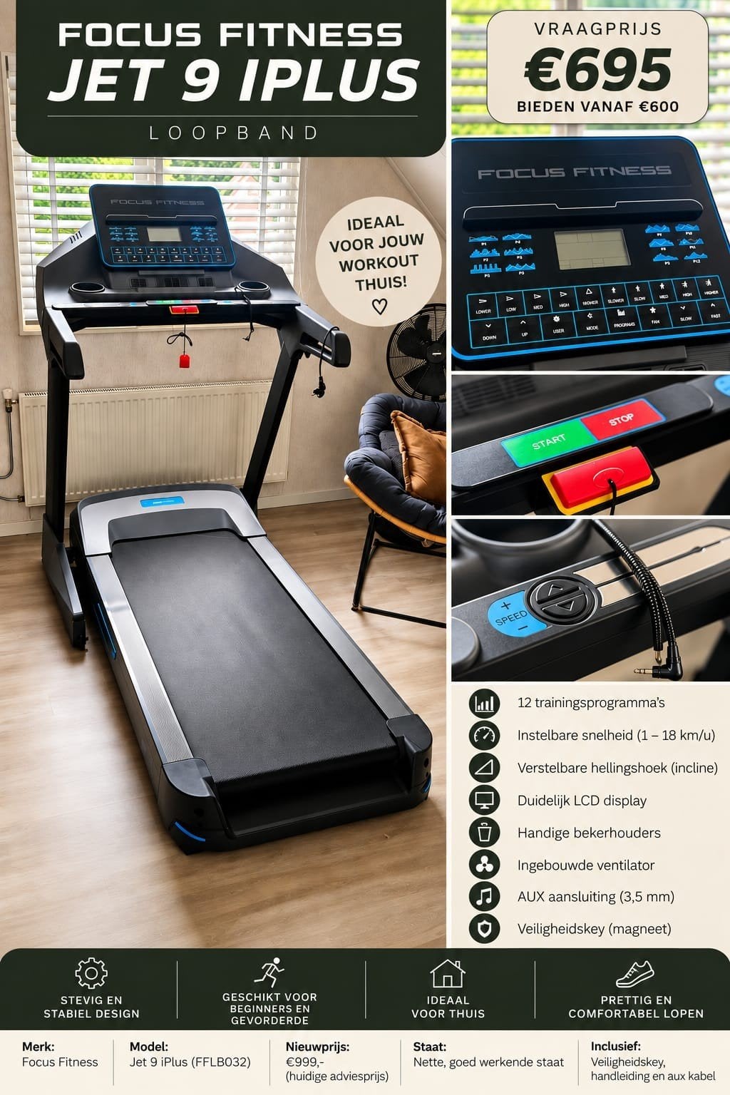 Focus Fitness Jet 9 iPlus Loopband - Zo goed als nieuw, Ophalen, Zo goed als nieuw, Metaal, Loopband