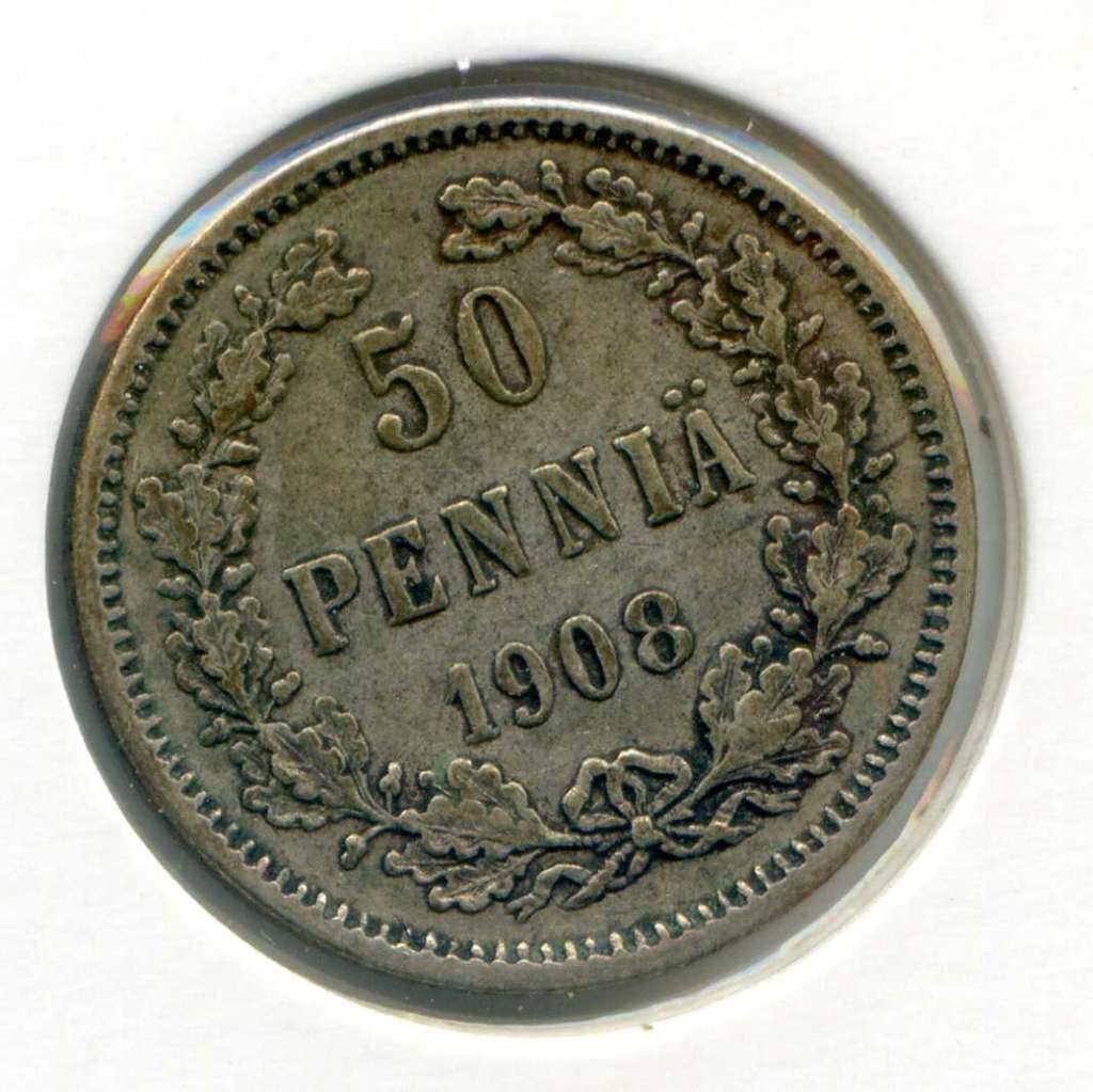 Finland 50 Pennia 1908 Oplage 353.000, Ophalen of Verzenden, Overige landen, Zilver