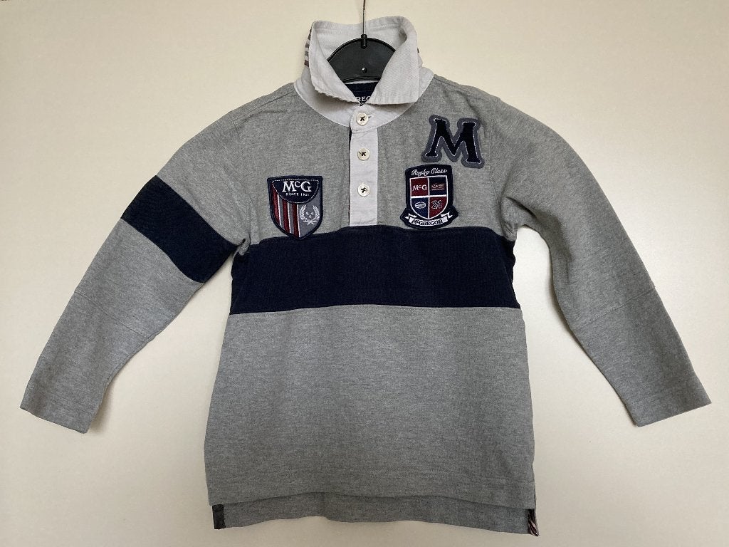 Grijs / blauw polo sweatshirt met patches mt 104 Mc Gregor, Kinderen en Baby's, Kinderkleding | Maat 104, Trui of Vest, Ophalen of Verzenden