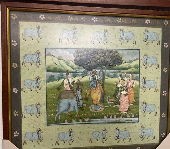 Ingelijst Indiaas schilderij - Krishna en koeien 33x37cm, India, Ophalen of Verzenden, Meerkleurig, Geschilderd