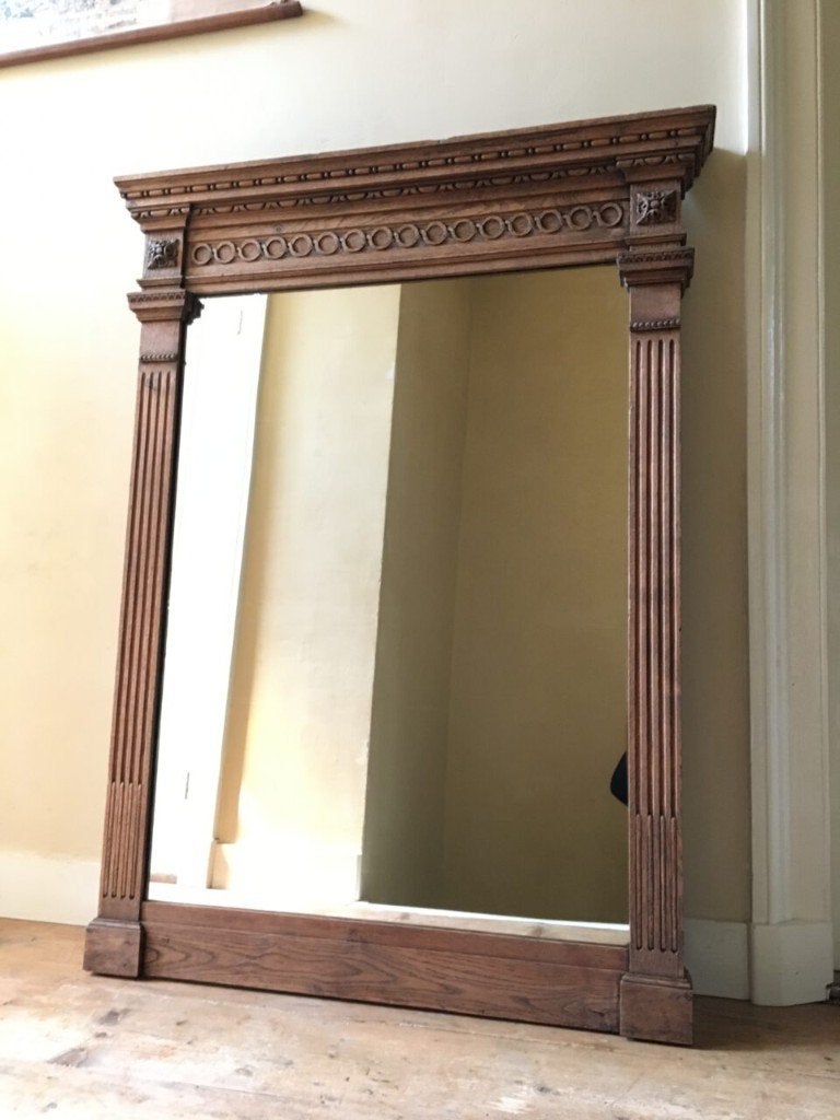 Grote Eiken Kasteel Spiegel Frans antiek, Ophalen, Overige vormen, 100 tot 150 cm, 100 tot 150 cm
