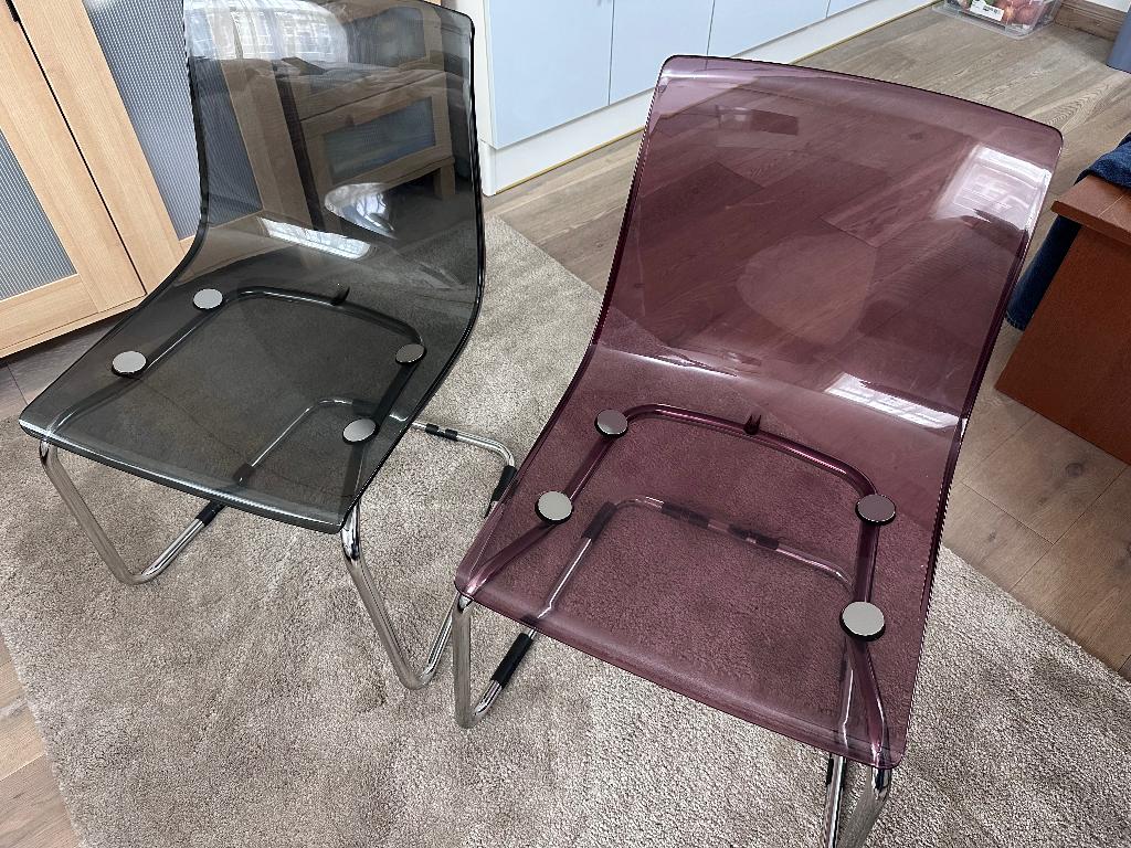 Set of 2 IKEA TOBIAS Chairs - Transparent Grey & Lilac, Ophalen, Kunststof, Gebruikt, Twee
