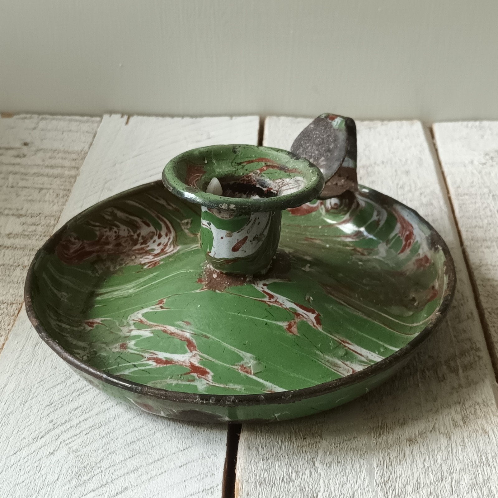 Antieke geëmailleerde blaker - Groen gemarmerd, Ophalen of Verzenden