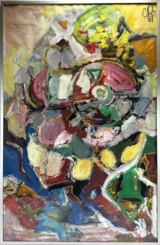 1192. Gemengde techniek - abstracte compositie, 1987, Antiek en Kunst, Kunst | Schilderijen | Abstract, Ophalen of Verzenden