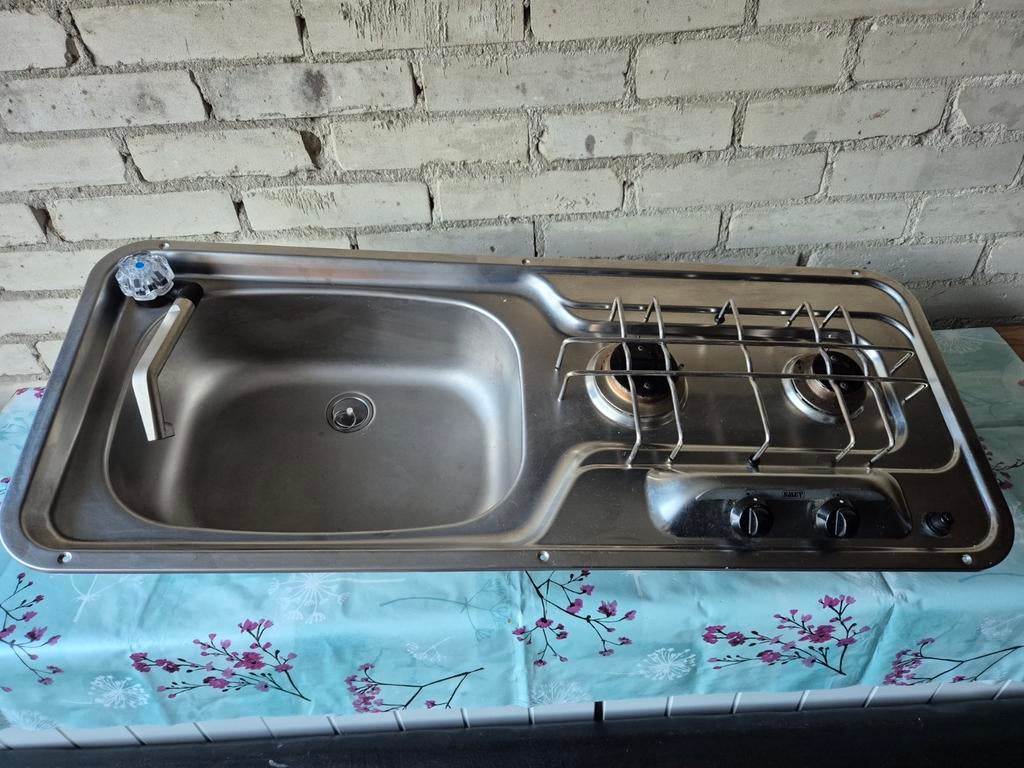 Smev RVS spoelbak met 2-pits gasfornuis voor camper/caravan, Ophalen, Gebruikt