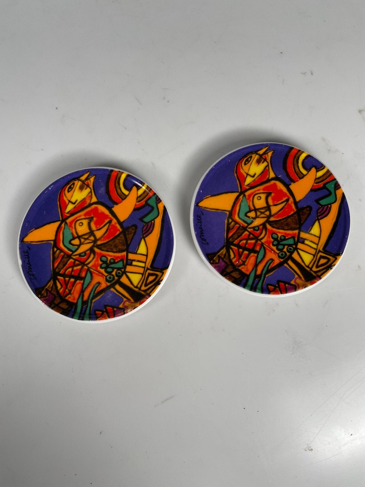 Set van 2 Corneille onderzetters met vogelmotief, Ophalen, Gebruikt, Steen/keramiek, Glasonderzetter