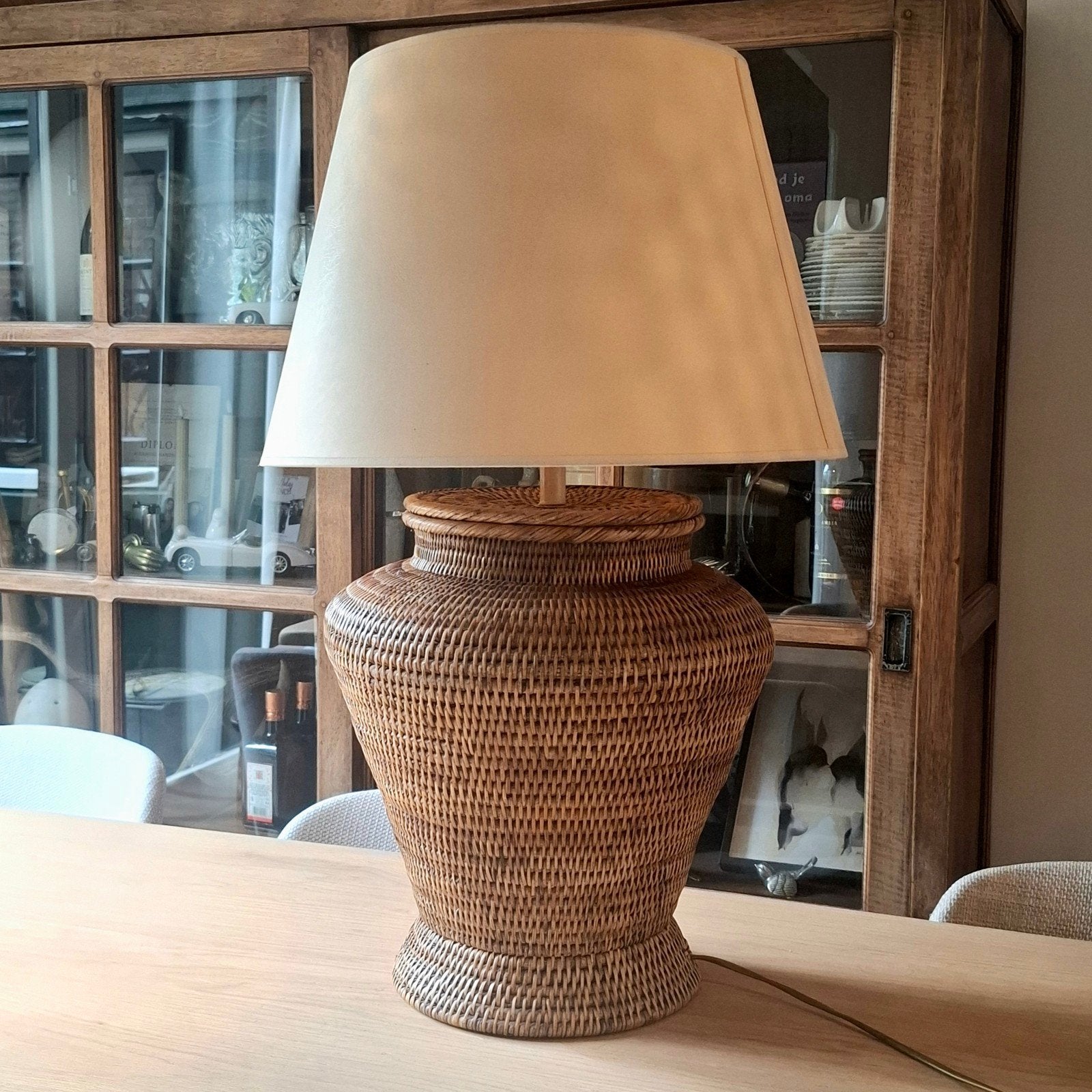 Vintage XL Birma rieten tafellamp met kap, boho retro, Ophalen, Met kap, Landelijk