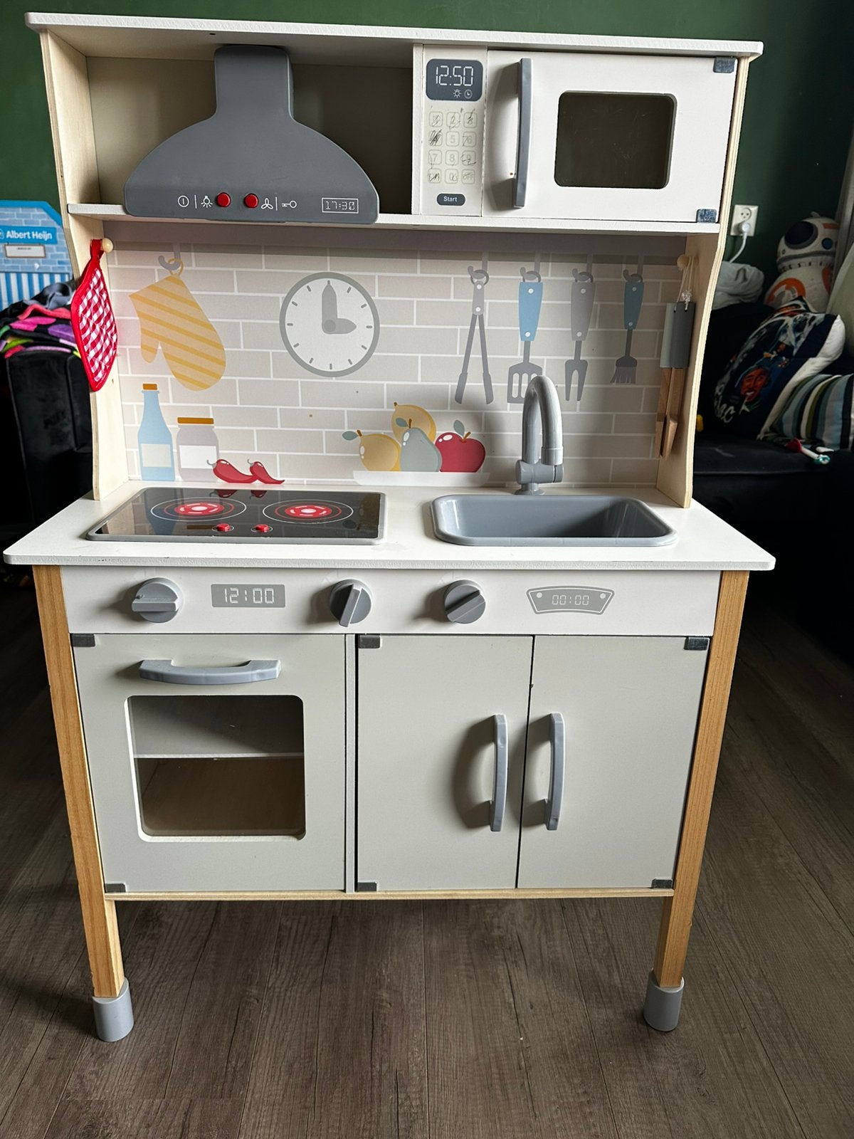 Speelkeuken, speelpannen, speelfruit en voedsel, Ophalen, Zo goed als nieuw, Hout, Speelkeuken