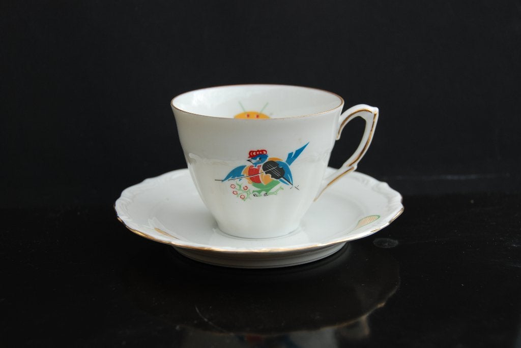 Antiek Walbrzych Kinderservies met vogel en muziekinstrument, Antiek en Kunst, Antiek | Servies los, Verzenden