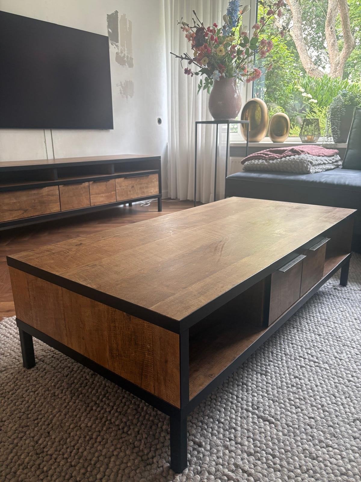 Salontafel met lade - Mangohout en Metaal, Huis en Inrichting, Ophalen, 50 tot 100 cm, 100 tot 150 cm, Zo goed als nieuw