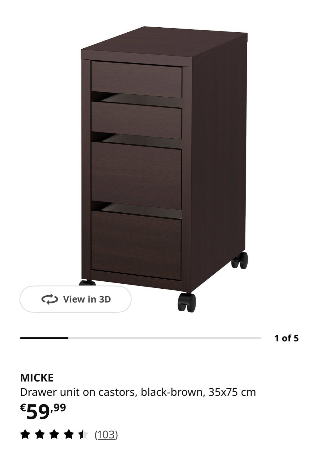 IKEA MICKE Ladeblok op wieltjes, zwart, Ophalen, Minder dan 50 cm, Gebruikt, 3 of 4 laden