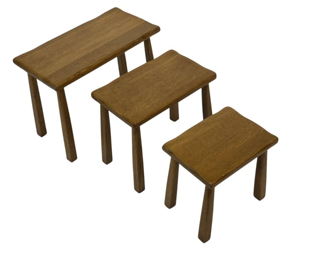 Vintage set van 3 eikenhouten bijzettafels  jaren 70., Minder dan 55 cm, Gebruikt, Vintage, Rechthoekig