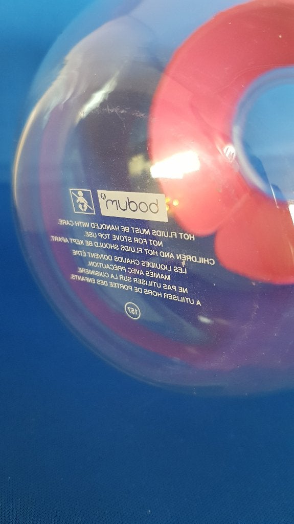 Bodum waterkan, kan van glas, roze rubber band. 3A39/4, Tweedehands verkoop, Tweedehands verkoop, Gebruikt, Ophalen of Verzenden