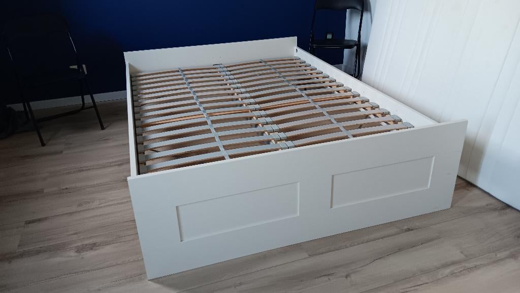 2 persoons Brimnes (Ikea) bed incl prima bedbodems 200x140, Huis en Inrichting, Ophalen, Overige materialen, Gebruikt, Wit