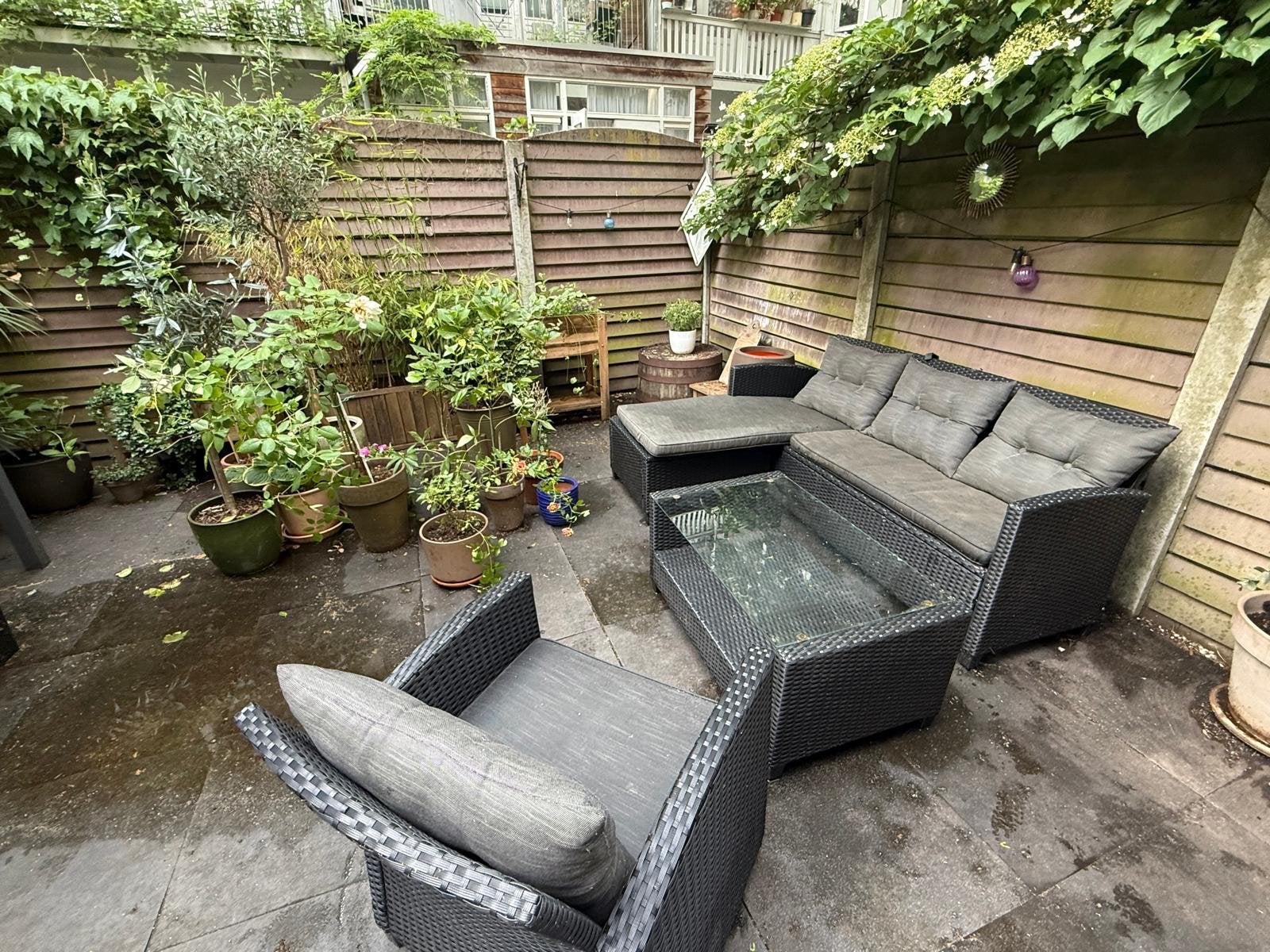 Loungeset met chaise longue, stoel en glazen tafel, Tuin en Terras, Ophalen, 4 zitplaatsen, Gebruikt, Loungeset