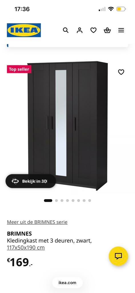 IKEA BRIMNES Kledingkast met 3 deuren, zwart, Huis en Inrichting, Ophalen, 100 tot 150 cm, Nieuw, 150 tot 200 cm