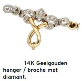 Antiek diamant broche tevens hanger 14K goud mooie design, Ophalen, Goud, Broche, Met edelsteen