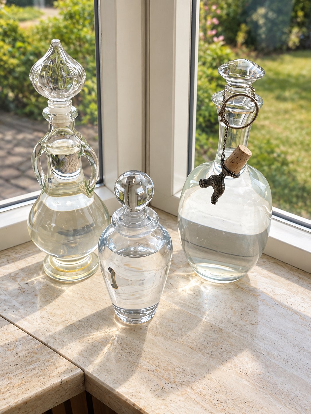 Set van 3 decoratieve glazen waterkannen, Ophalen, Zo goed als nieuw, Glas, Klassiek