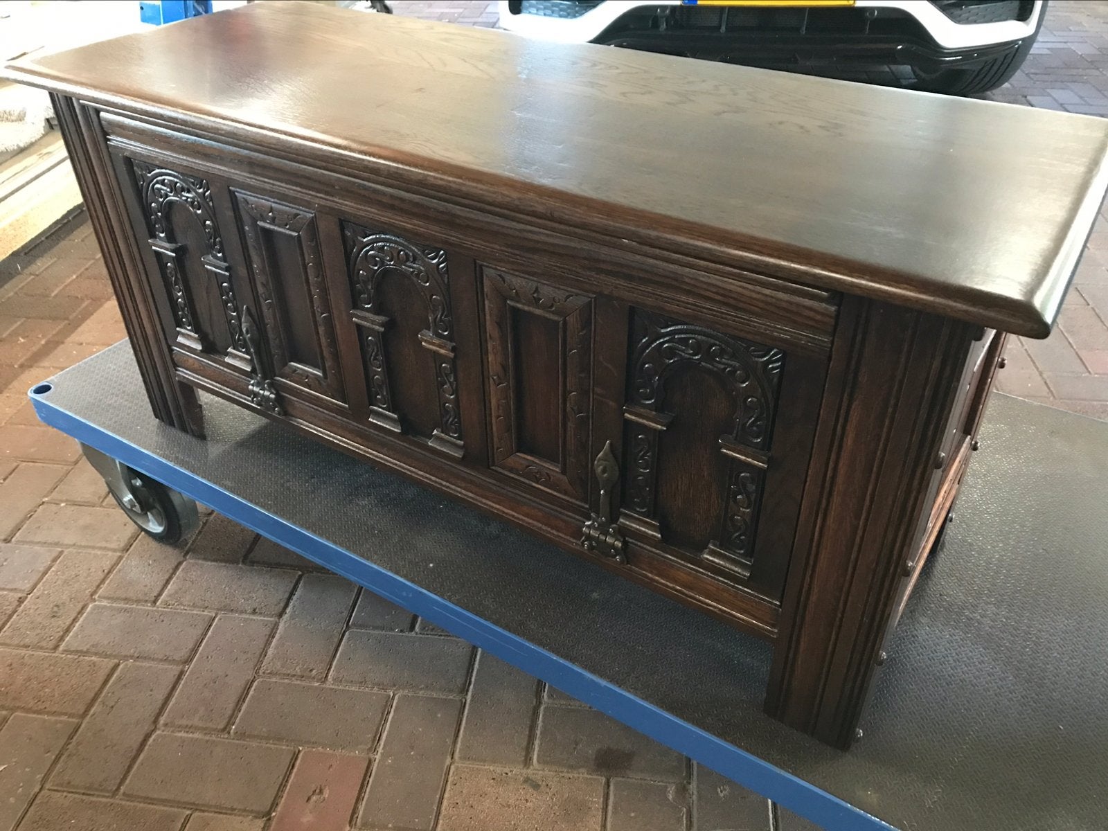 Prachtige donker eiken Engelse dekenkist, Wood Bros, 50 – 75, Minder dan 50 cm, 100 tot 150 cm, Eikenhout
