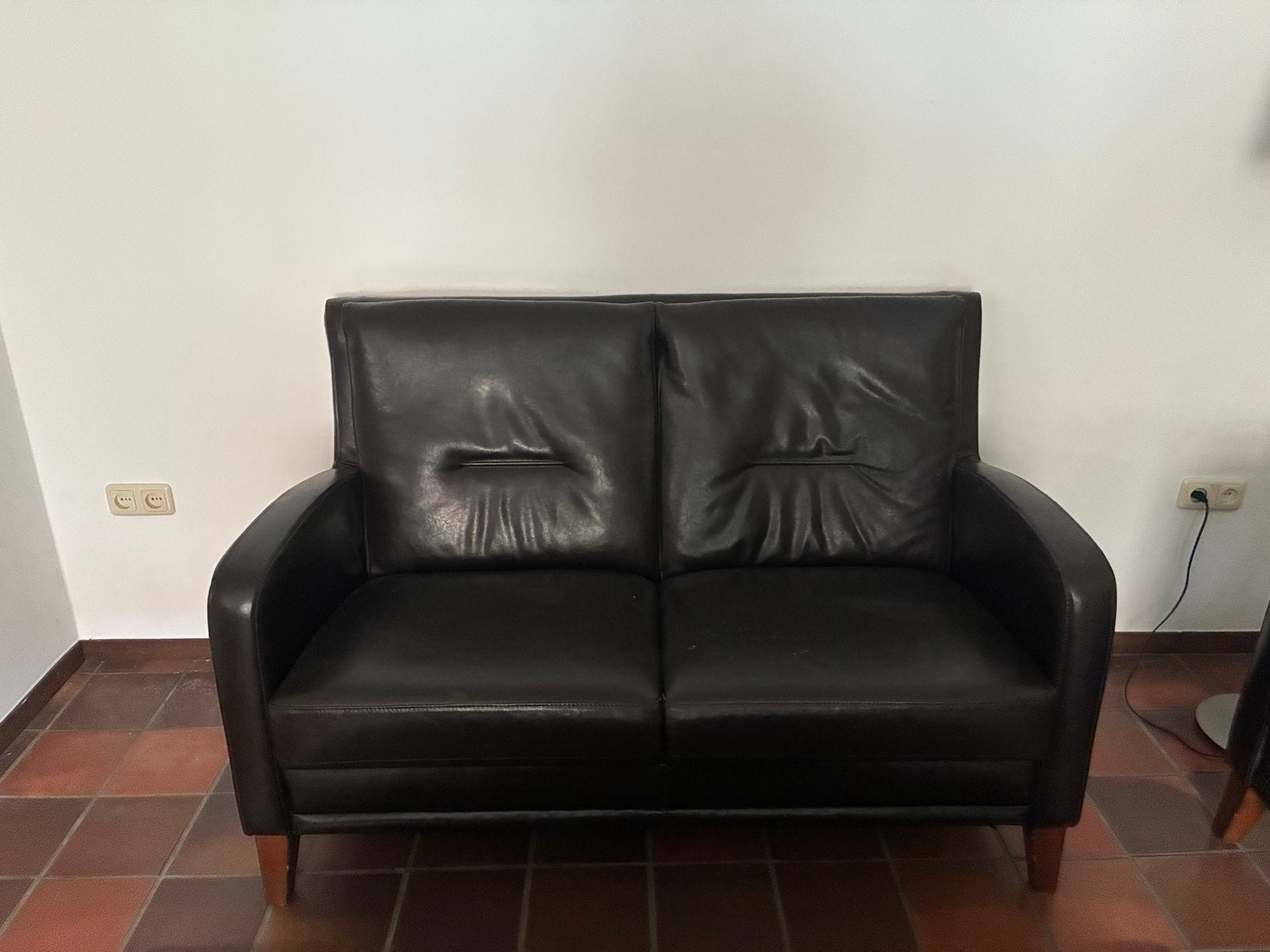 Bankstel: 2x 2-zits bank en 1x fauteuil - Leer - donkerbruin, Huis en Inrichting, Ophalen, Gebruikt, Tweepersoons, Rechte bank