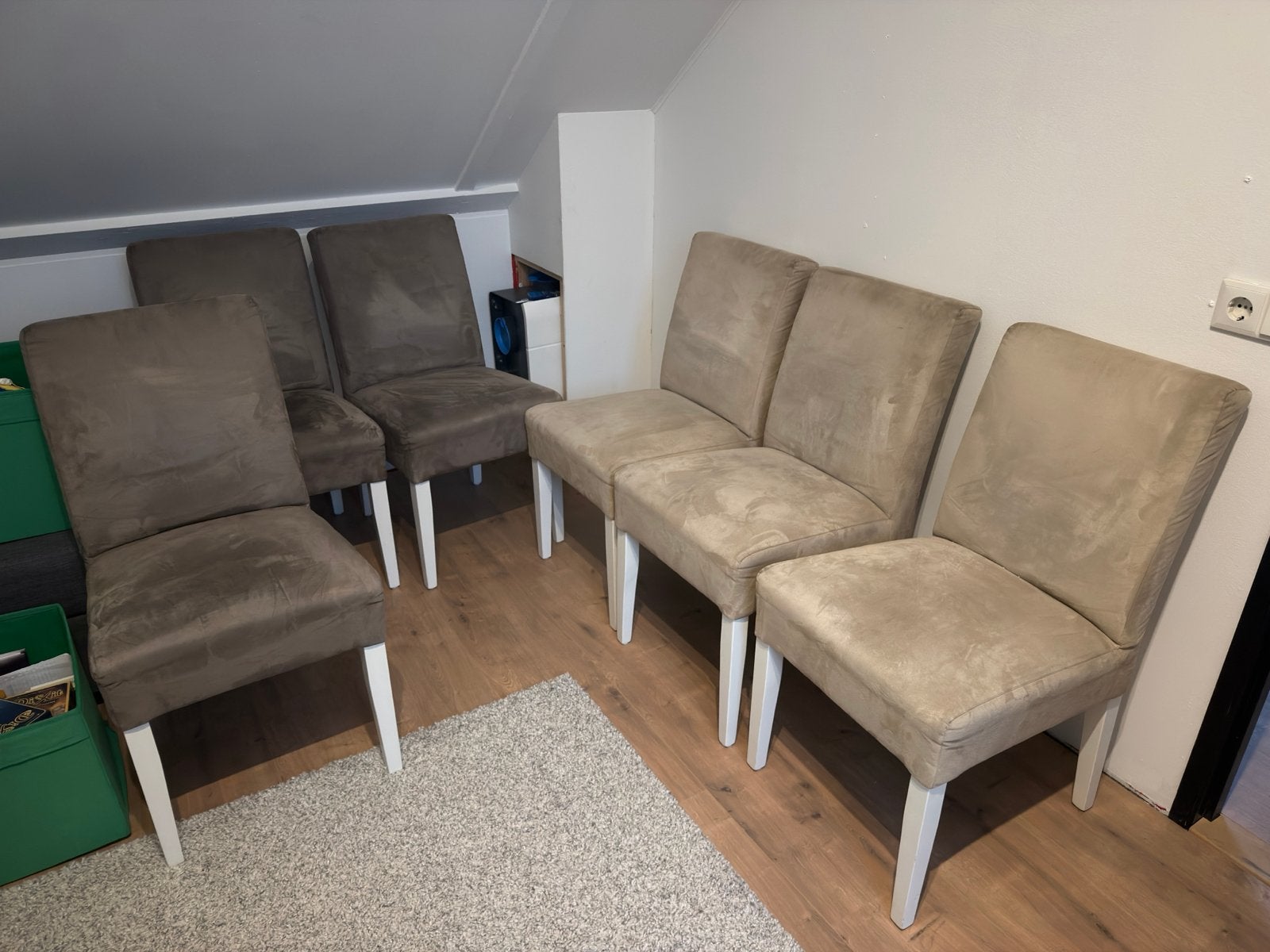 6 eetkamerstoelen in nette staat, twee kleuren, Huis en Inrichting, Stoelen, Ophalen, Gebruikt, Overige kleuren, Stof