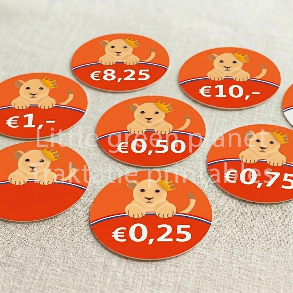 Prijskaartjes Koningsdag, Leeuwtje met kroontje, Printable, Verzenden, Nieuw