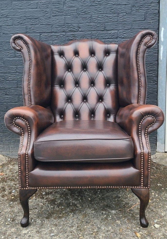 Originele Springvale Chesterfield oorfauteuil/Wing chair, Ophalen, Leer, 75 tot 100 cm, Chesterfield, Rossendale, wing chair, oorfauteuil