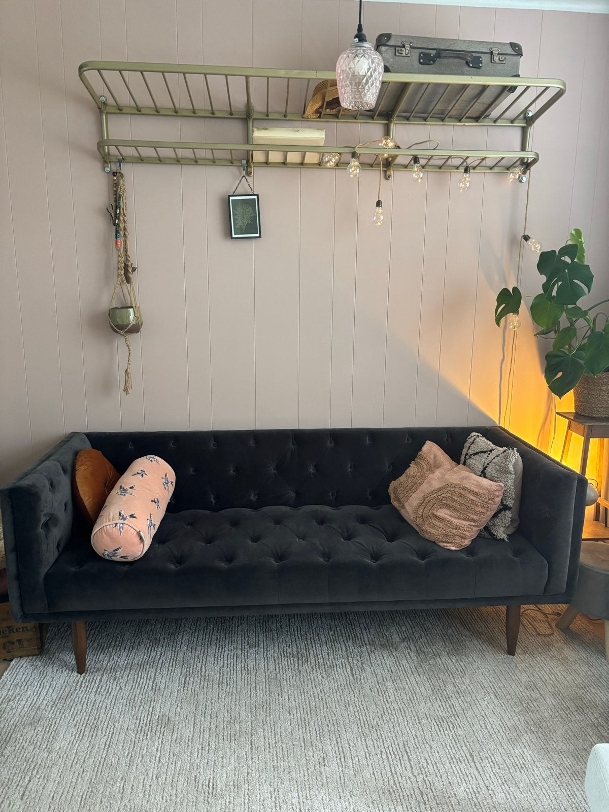 Stijlvolle donkergrijze fluwelen designbank van sofa company, Ophalen, Driepersoons, 75 tot 100 cm, Zo goed als nieuw