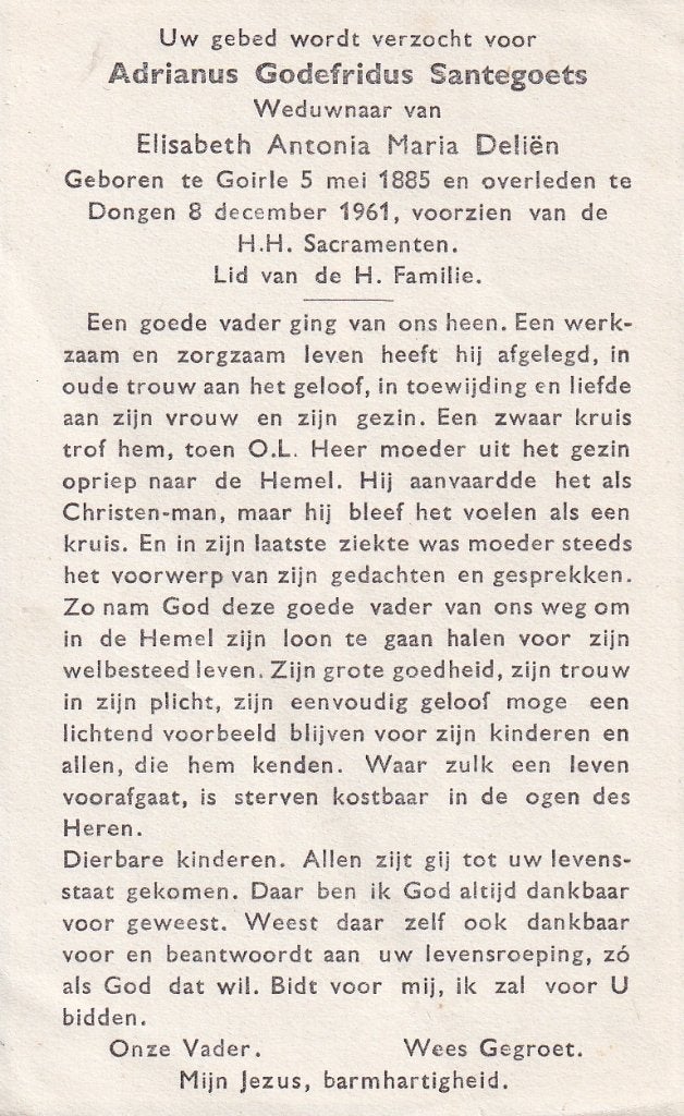 Santegoets Adrianus 1885 Goirle 1961 Dongen, Ophalen of Verzenden, Bidprentje